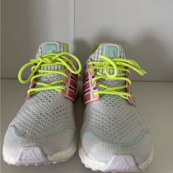 adidas White Sneakers with Pink Stripes and Neon Yellow Laces - Picture 5 of 5